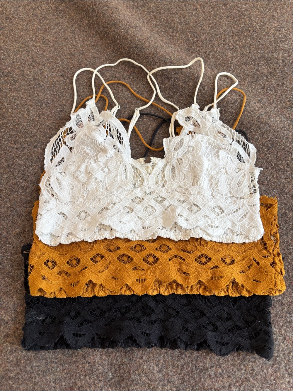 Free People Lace Bralette Set in White, Mustard, and Black